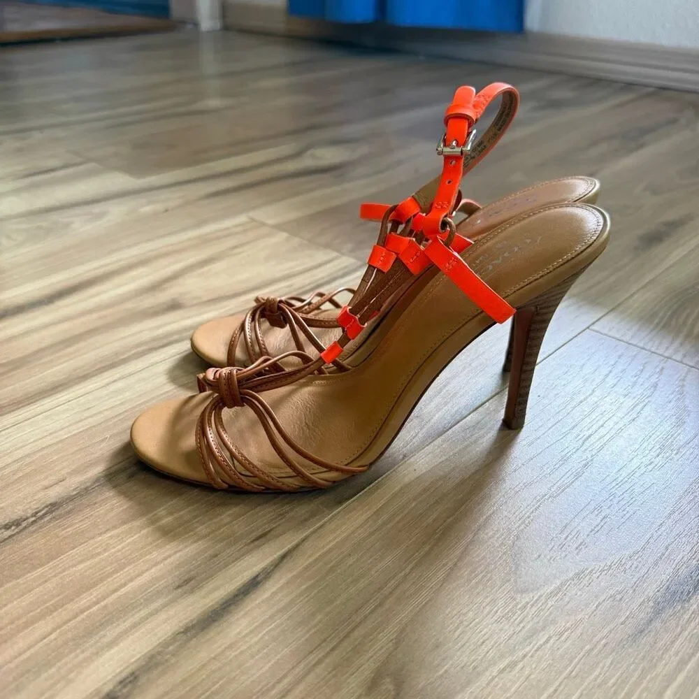 Coach Womens Fluorescent Orange Tan Lana Leather Strappy Heel Sandal Size 7.5